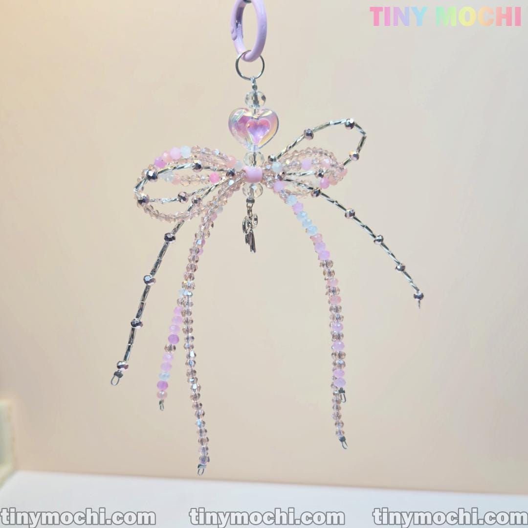 Iridescent Beaded Bow Bag Charm – Elegant Fairycore Keychain for Purses & Backpacks - Tiny Mochi