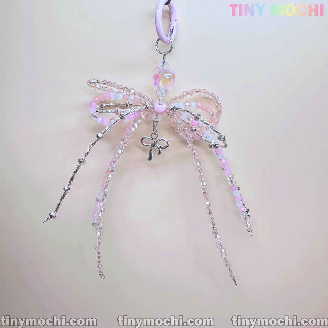 Iridescent Beaded Bow Bag Charm – Elegant Fairycore Keychain for Purses & Backpacks - Tiny Mochi