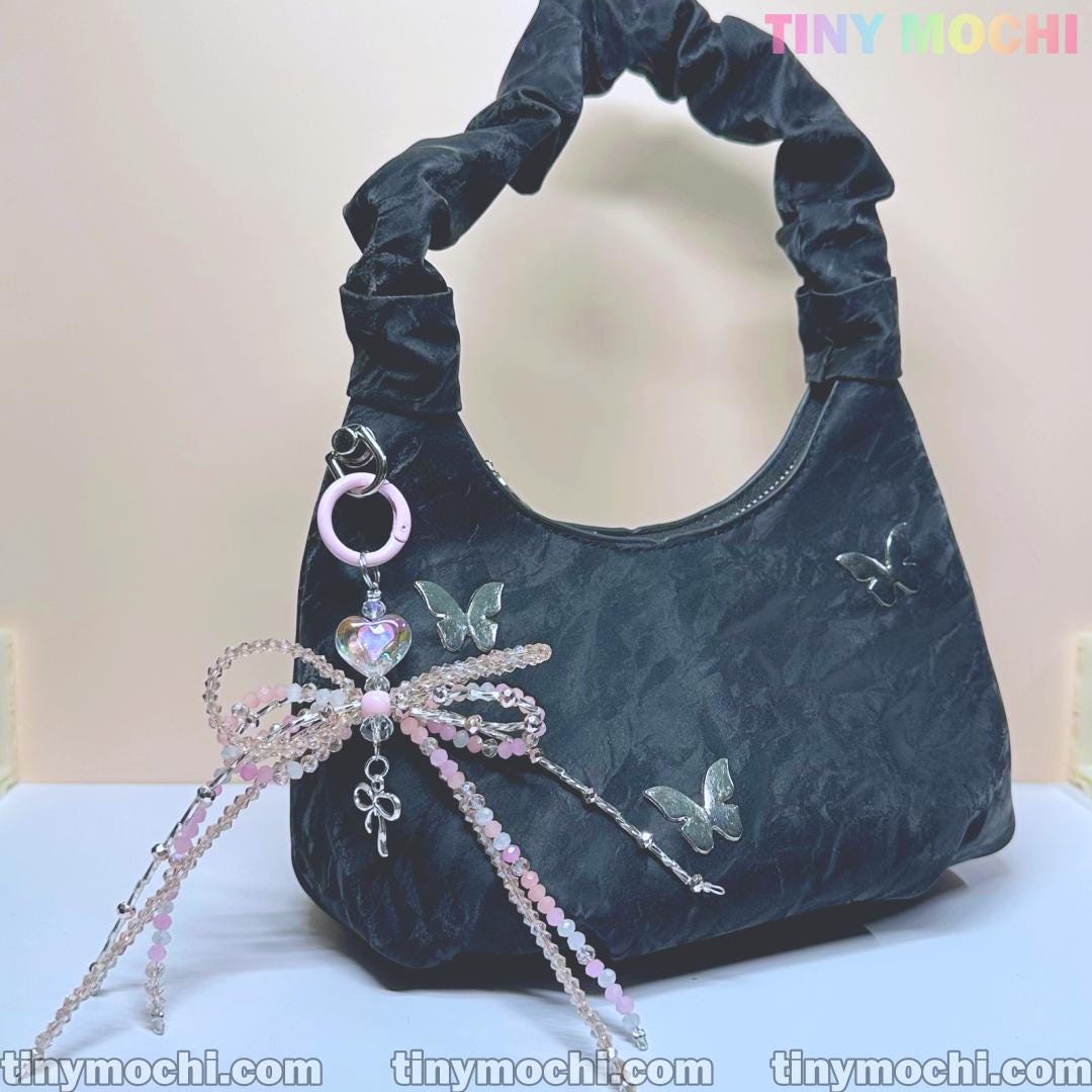 Iridescent Beaded Bow Bag Charm – Elegant Fairycore Keychain for Purses & Backpacks - Tiny Mochi
