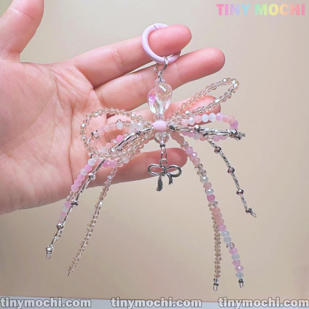 Iridescent Beaded Bow Bag Charm – Elegant Fairycore Keychain for Purses & Backpacks - Tiny Mochi