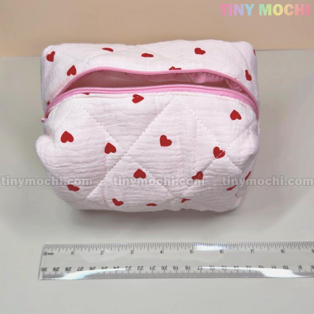 Quilted Heart Pattern Makeup Bag, Beauty Case - Adorable Cosmetic Organizer with Red Heart Details - 6.7" x 5" x 4" - Tiny Mochi