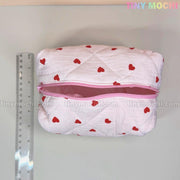 Quilted Heart Pattern Makeup Bag, Beauty Case - Adorable Cosmetic Organizer with Red Heart Details - 6.7" x 5" x 4" - Tiny Mochi