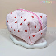 Quilted Heart Pattern Makeup Bag, Beauty Case - Adorable Cosmetic Organizer with Red Heart Details - 6.7" x 5" x 4" - Tiny Mochi