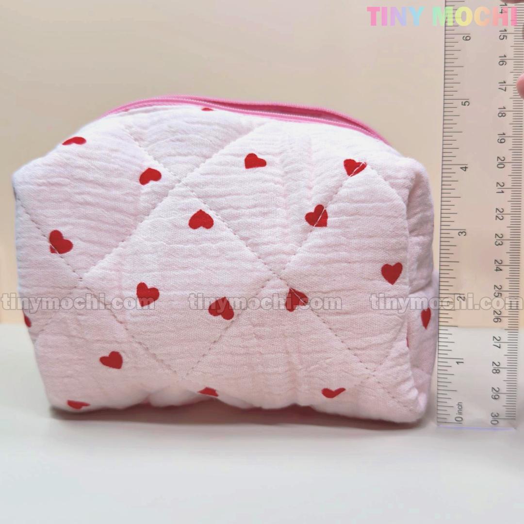 Quilted Heart Pattern Makeup Bag, Beauty Case - Adorable Cosmetic Organizer with Red Heart Details - 6.7" x 5" x 4" - Tiny Mochi