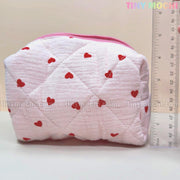 Quilted Heart Pattern Makeup Bag, Beauty Case - Adorable Cosmetic Organizer with Red Heart Details - 6.7" x 5" x 4" - Tiny Mochi
