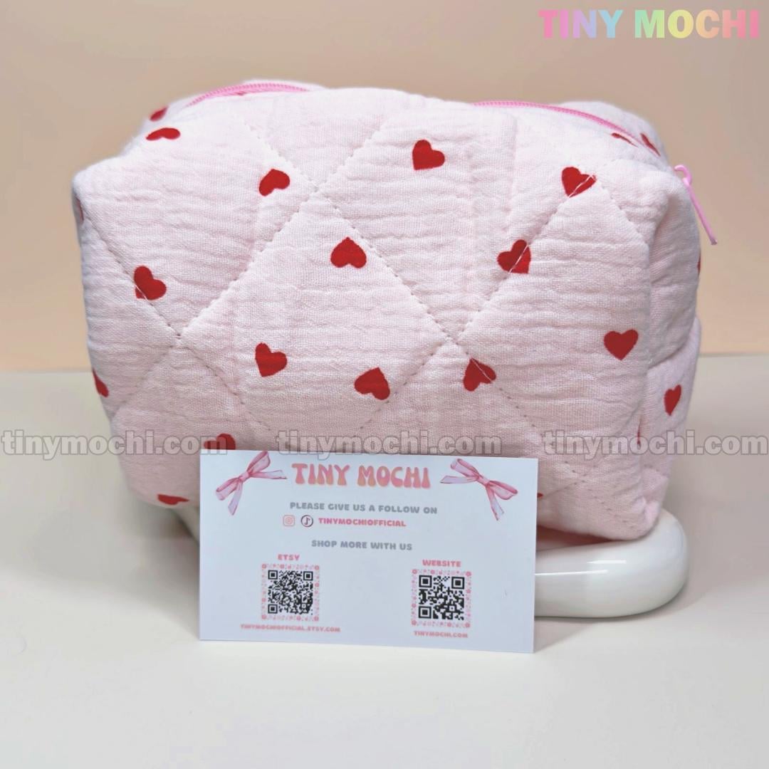 Quilted Heart Pattern Makeup Bag, Beauty Case - Adorable Cosmetic Organizer with Red Heart Details - 6.7" x 5" x 4" - Tiny Mochi